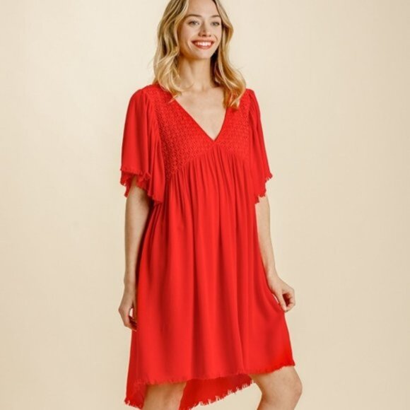 Umgee Notched Shift Dress with Trim Detail